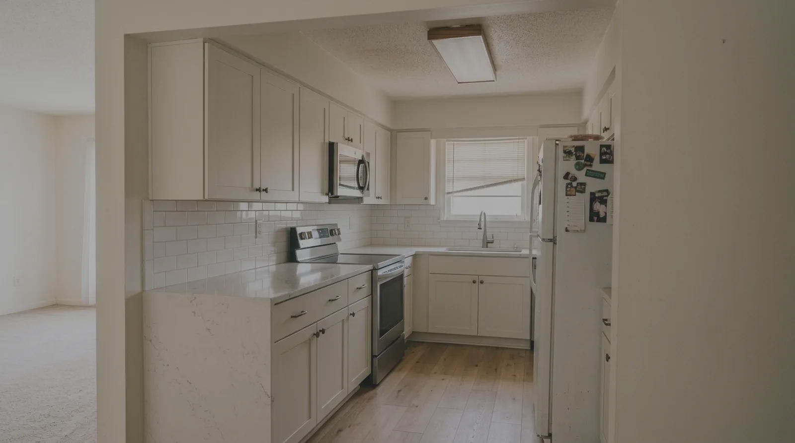 The same kitchen after a full remodel in the identical view — off-white shaker cabinets, quartz waterfall peninsula, full-height subway tile, stainless appliances and light oak flooring