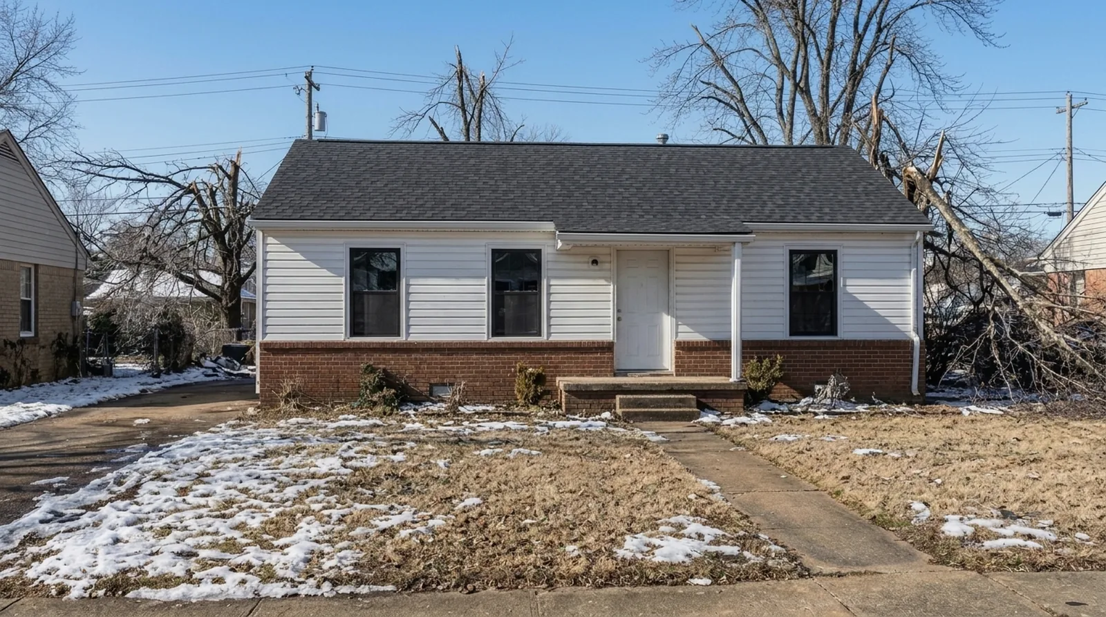 The same home after the rebuild, same view and same winter light — new charcoal architectural shingle roof, straight intact roof line, new siding and windows