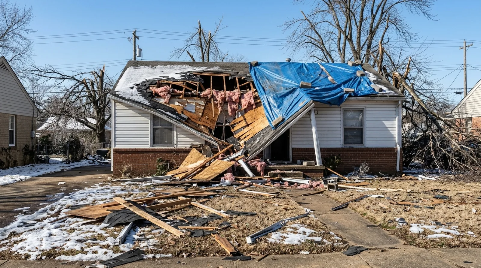 Ice storm damage on a Memphis home — the roof deck collapsed over the front addition, rafters and insulation exposed, a blue tarp over the damage and debris across the lawn